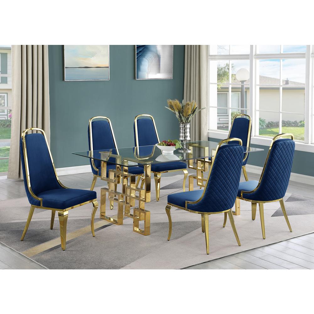 7-piece glam dining set with 6 Navy blue chairs and one 79″ glass dining table