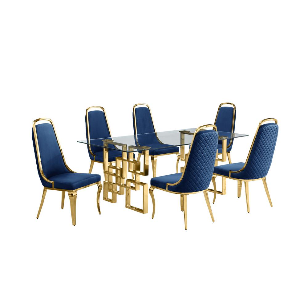 7-piece glam dining set with 6 Navy blue chairs and one 79″ glass dining table