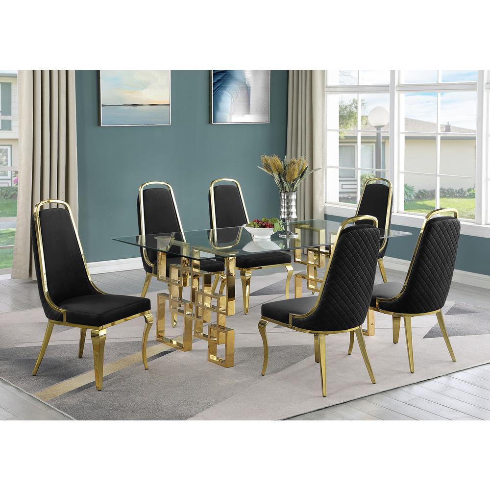 7-piece glam dining set with 6 Black side chairs and one 79″ glass dining table