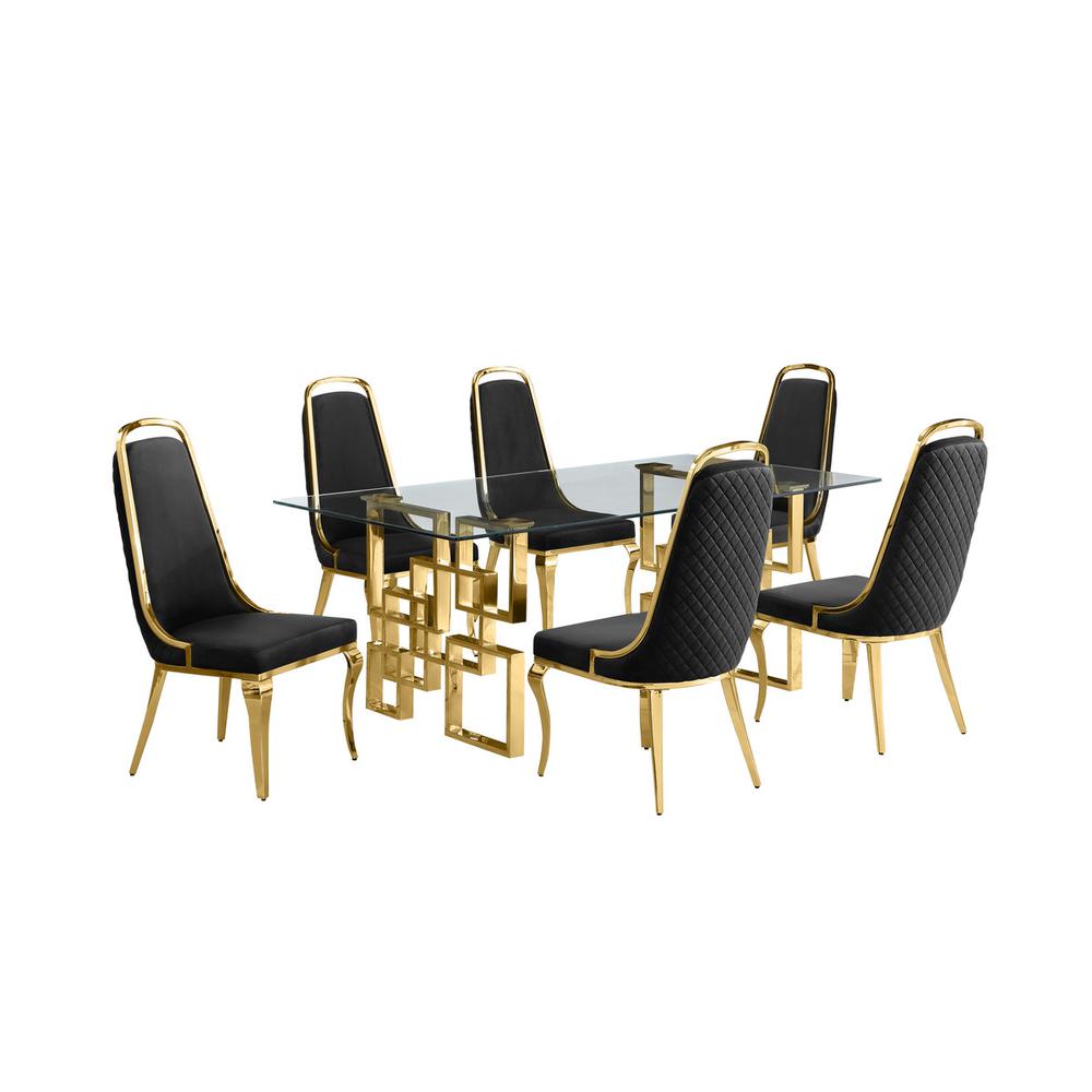 7-piece glam dining set with 6 Black side chairs and one 79″ glass dining table