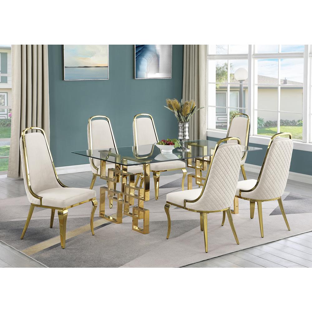 7-piece glam dining set with 6 Cream side chairs and one 79″ glass dining table