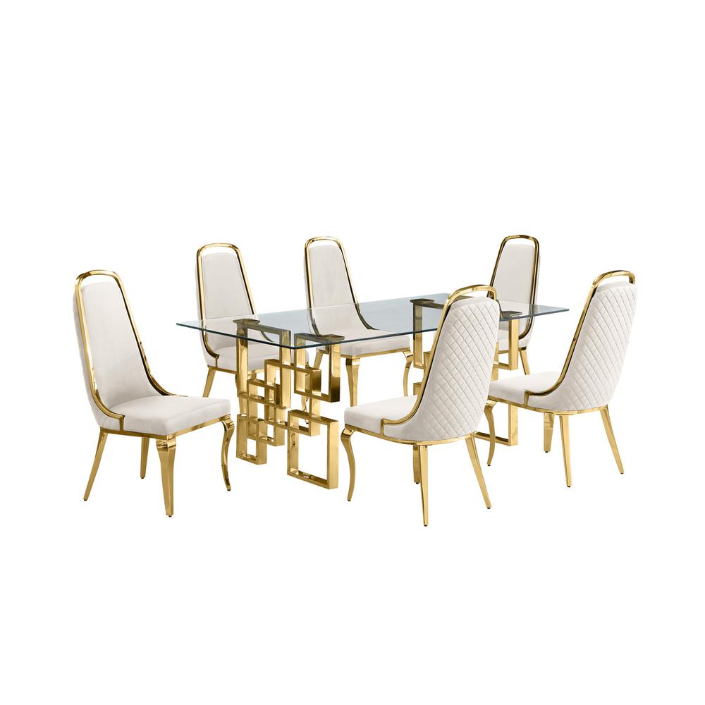 7-piece glam dining set with 6 Cream side chairs and one 79″ glass dining table