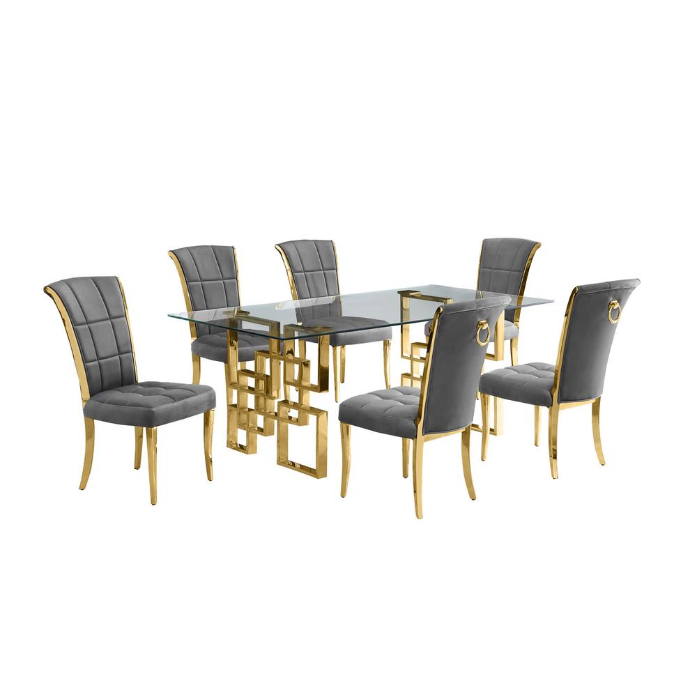 7-piece glam dining set with 6 dark grey chairs and a 79″ long glass  table
