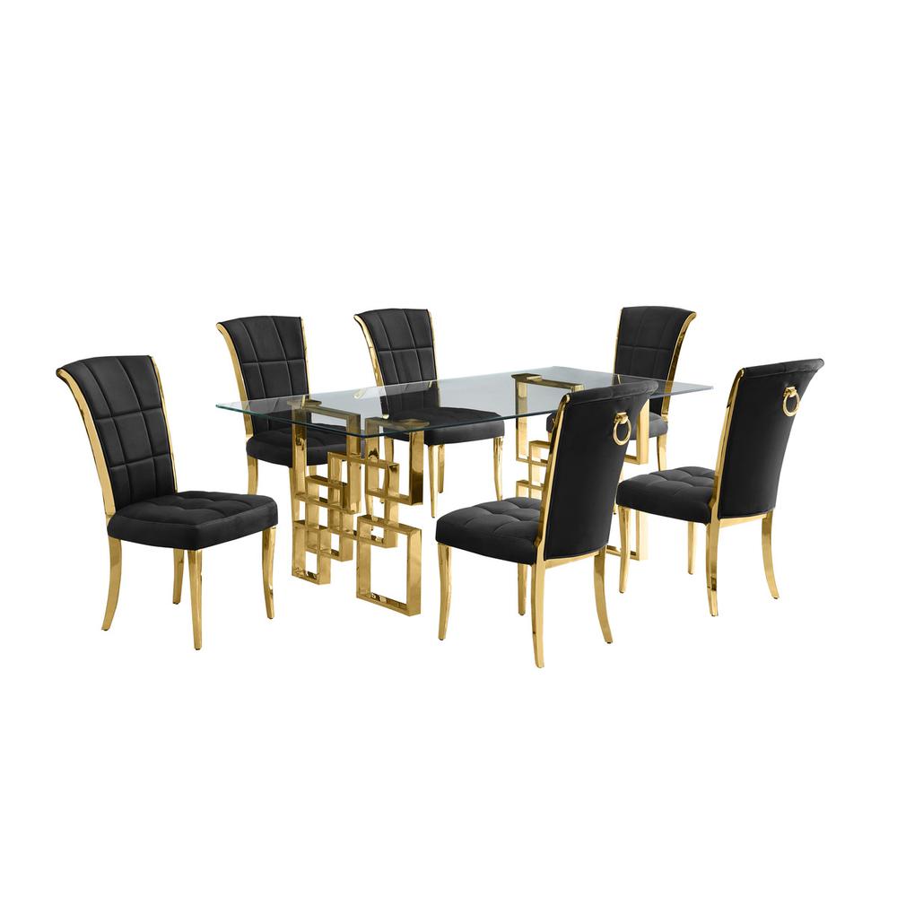 7-piece glam dining set with 6 black chairs and a 79″ long glass  table