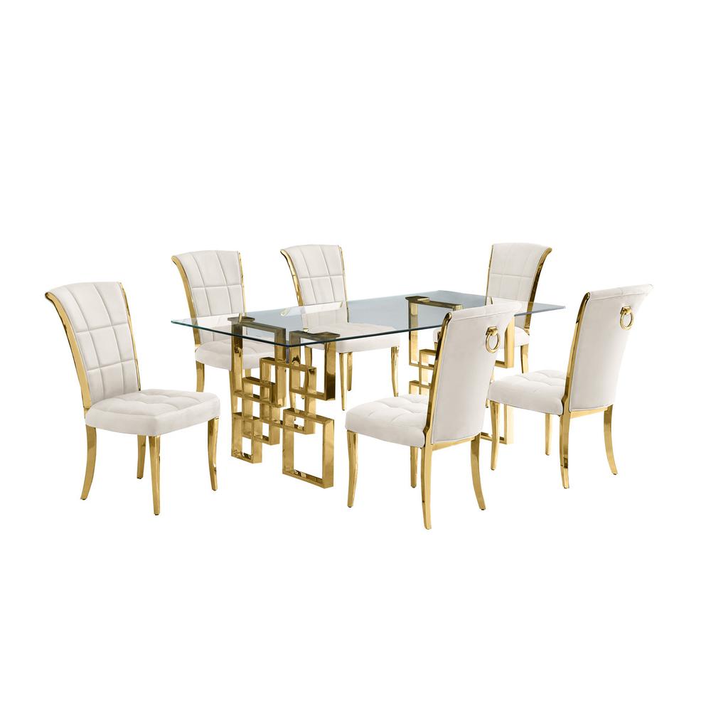 7-piece glam dining set with 6 cream chairs and a 79″ long glass  table