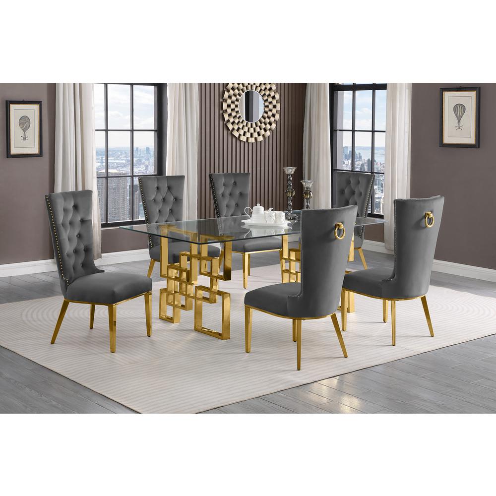 7-piece glam dining set with 6 dark grey chairs and a 79″ long glass  table