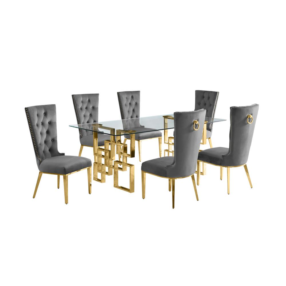 7-piece glam dining set with 6 dark grey chairs and a 79″ long glass  table