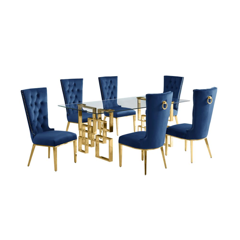 7-piece glam dining set with 6 navy blue chairs and a 79″ long glass  table