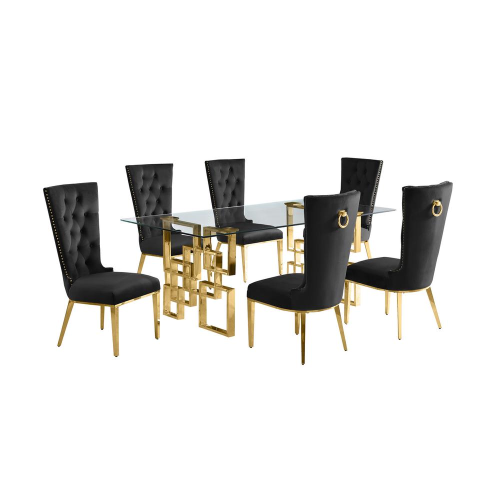 7-piece glam dining set with 6 black chairs and a 79″ long glass  table