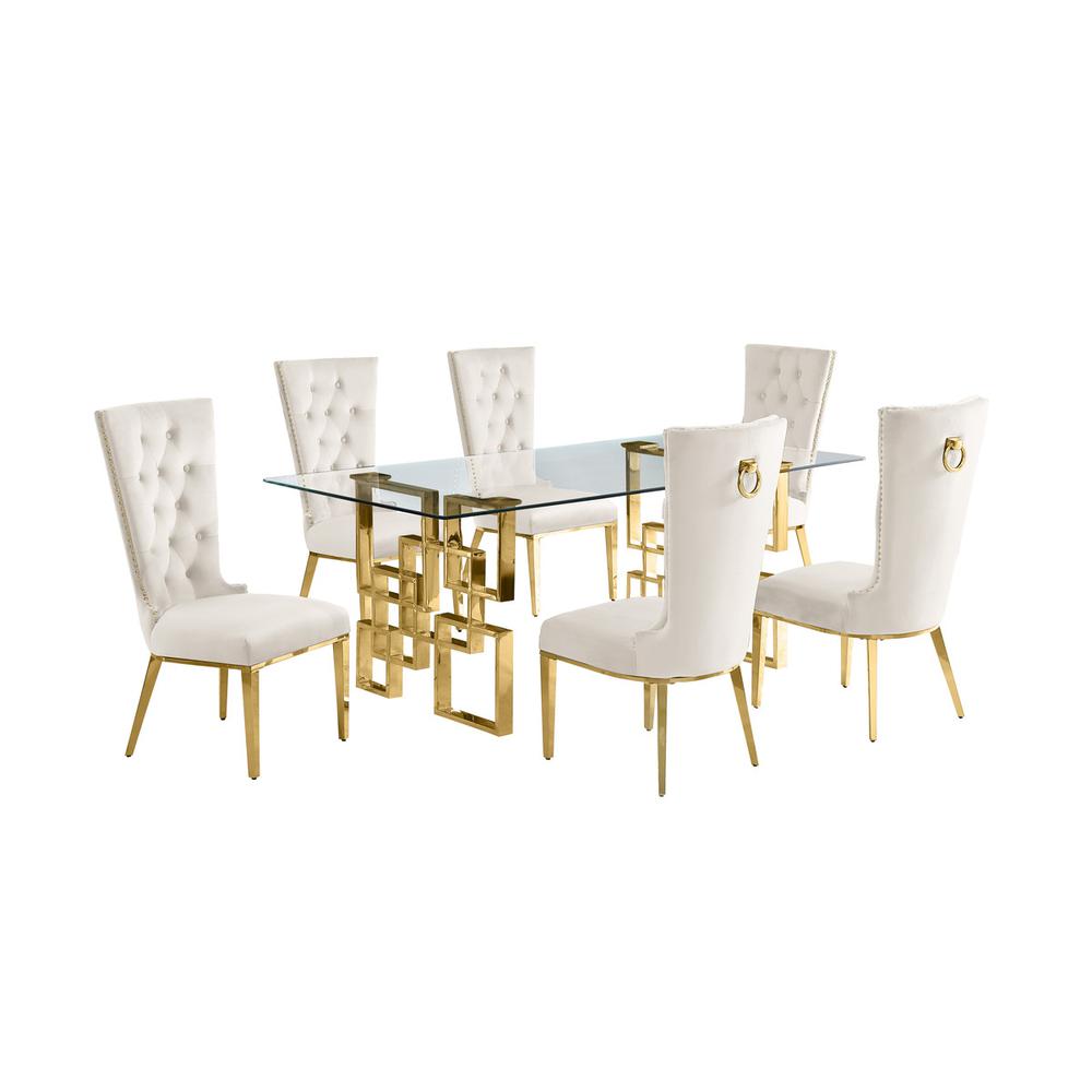 7-piece glam dining set with 6 cream chairs and a 79″ long glass  table