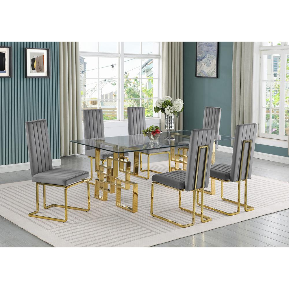 7-piece glam dining set with 6 dark grey chairs and one 79″ glass  table