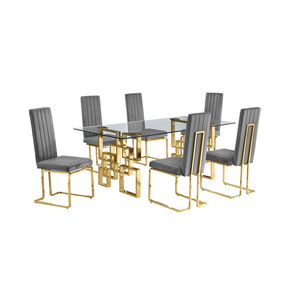 7-piece glam dining set with 6 dark grey chairs and one 79″ glass  table