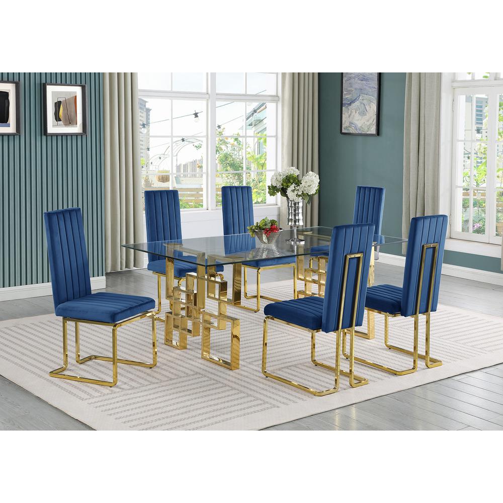 7-piece glam dining set with 6 Navy blue chairs and one 79″ glass  table