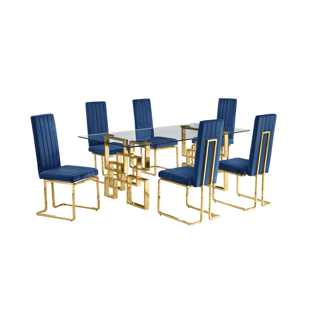 7-piece glam dining set with 6 Navy blue chairs and one 79″ glass  table
