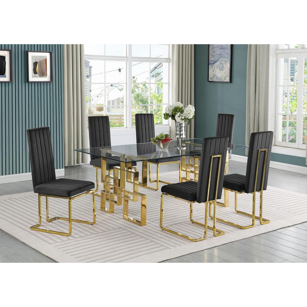 7-piece glam dining set with 6 Black chairs and one 79″ glass  table