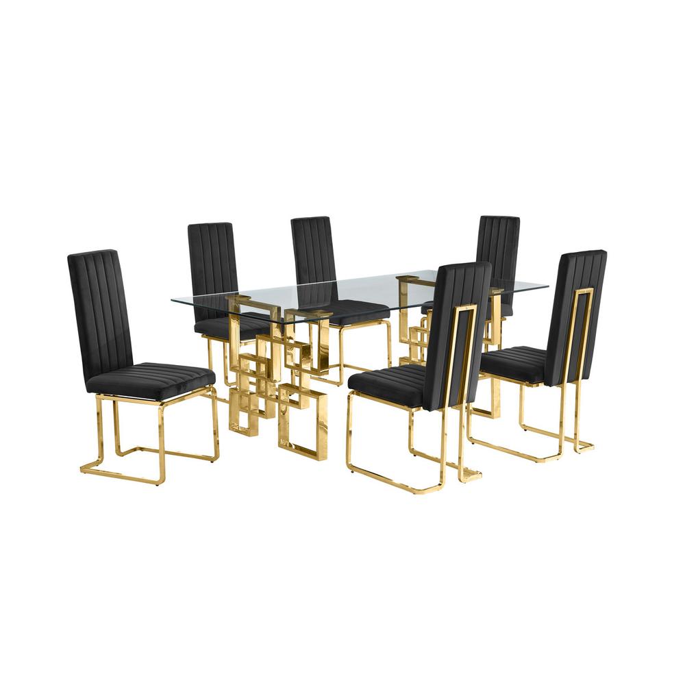 7-piece glam dining set with 6 Black chairs and one 79″ glass  table