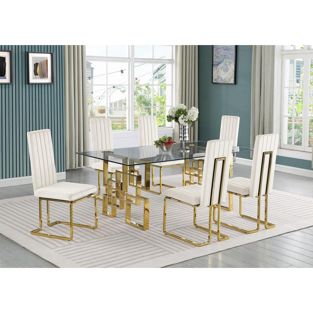 7-piece glam dining set with 6 Cream chairs and one 79″ glass  table