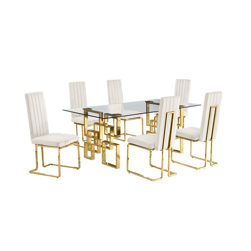 7-piece glam dining set with 6 Cream chairs and one 79″ glass  table