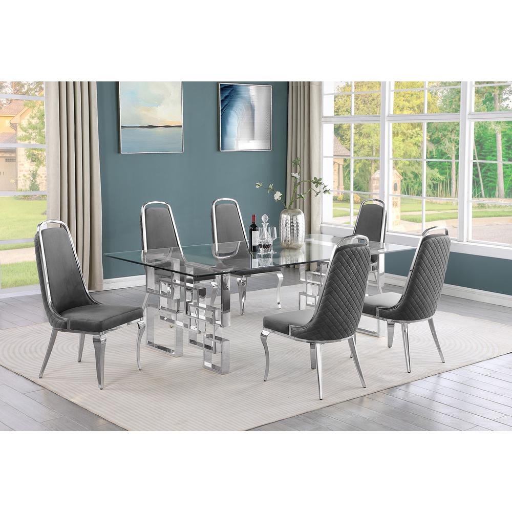 7-piece glam dining set with 6 Dark grey chairs and one 95″ glass dining table