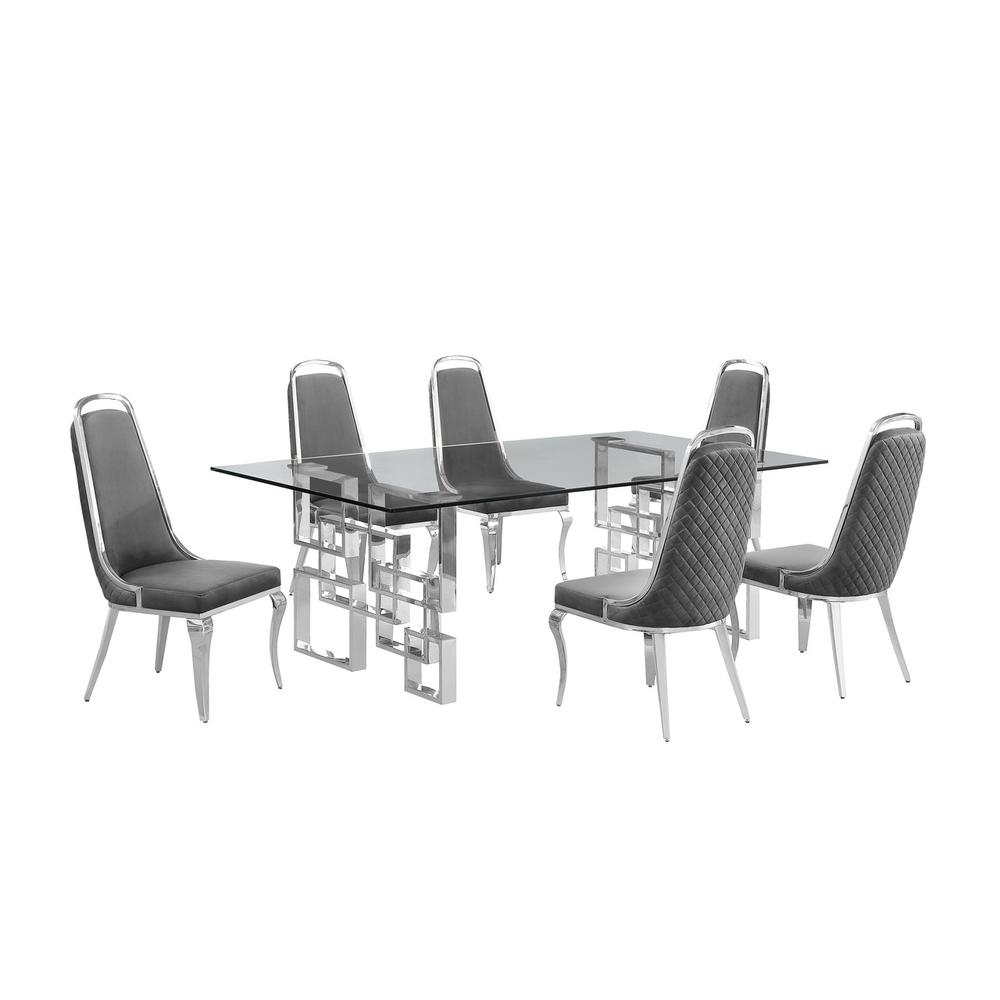 7-piece glam dining set with 6 Dark grey chairs and one 95″ glass dining table