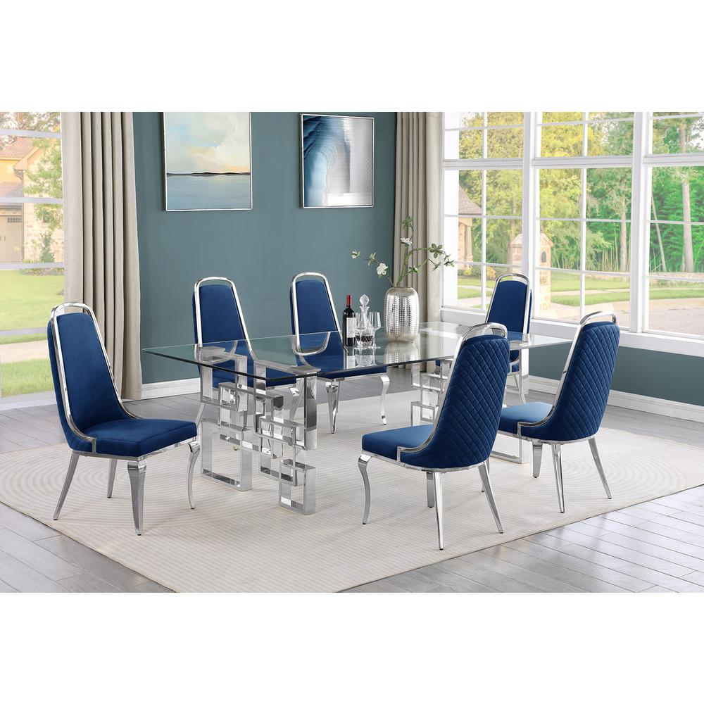 7-piece glam dining set with 6 Navy blue chairs and one 95″ glass dining table