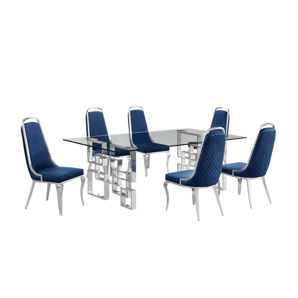 7-piece glam dining set with 6 Navy blue chairs and one 95″ glass dining table
