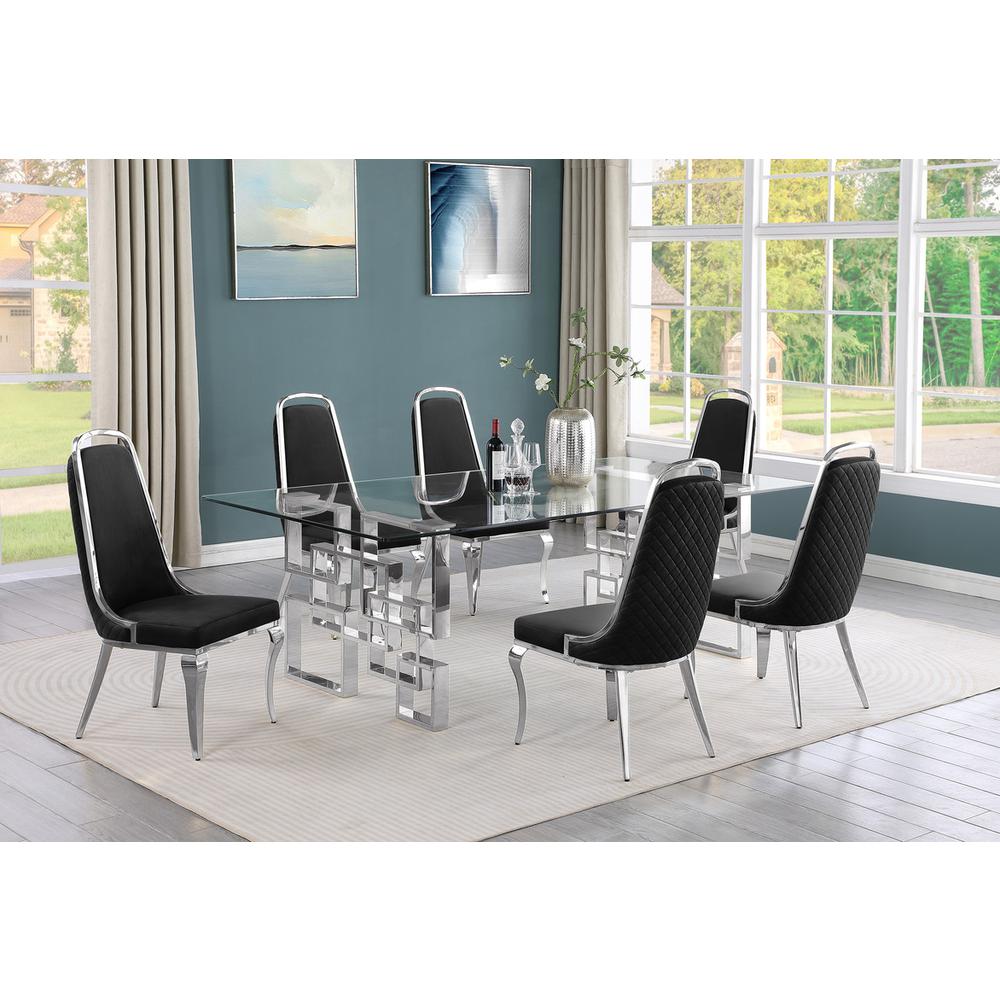 7-piece glam dining set with 6 Black side chairs and one 95″ glass dining table