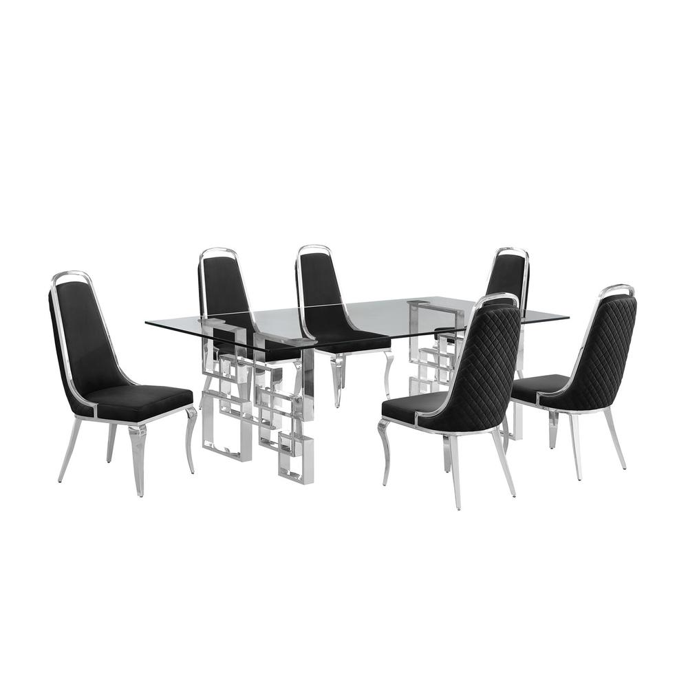 7-piece glam dining set with 6 Black side chairs and one 95″ glass dining table