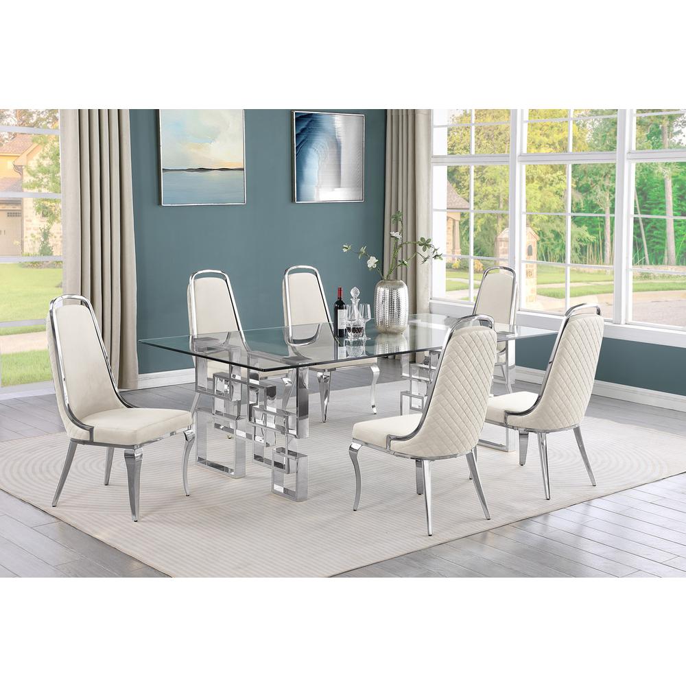 7-piece glam dining set with 6 Cream side chairs and one 95″ glass dining table