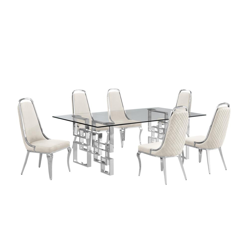 7-piece glam dining set with 6 Cream side chairs and one 95″ glass dining table