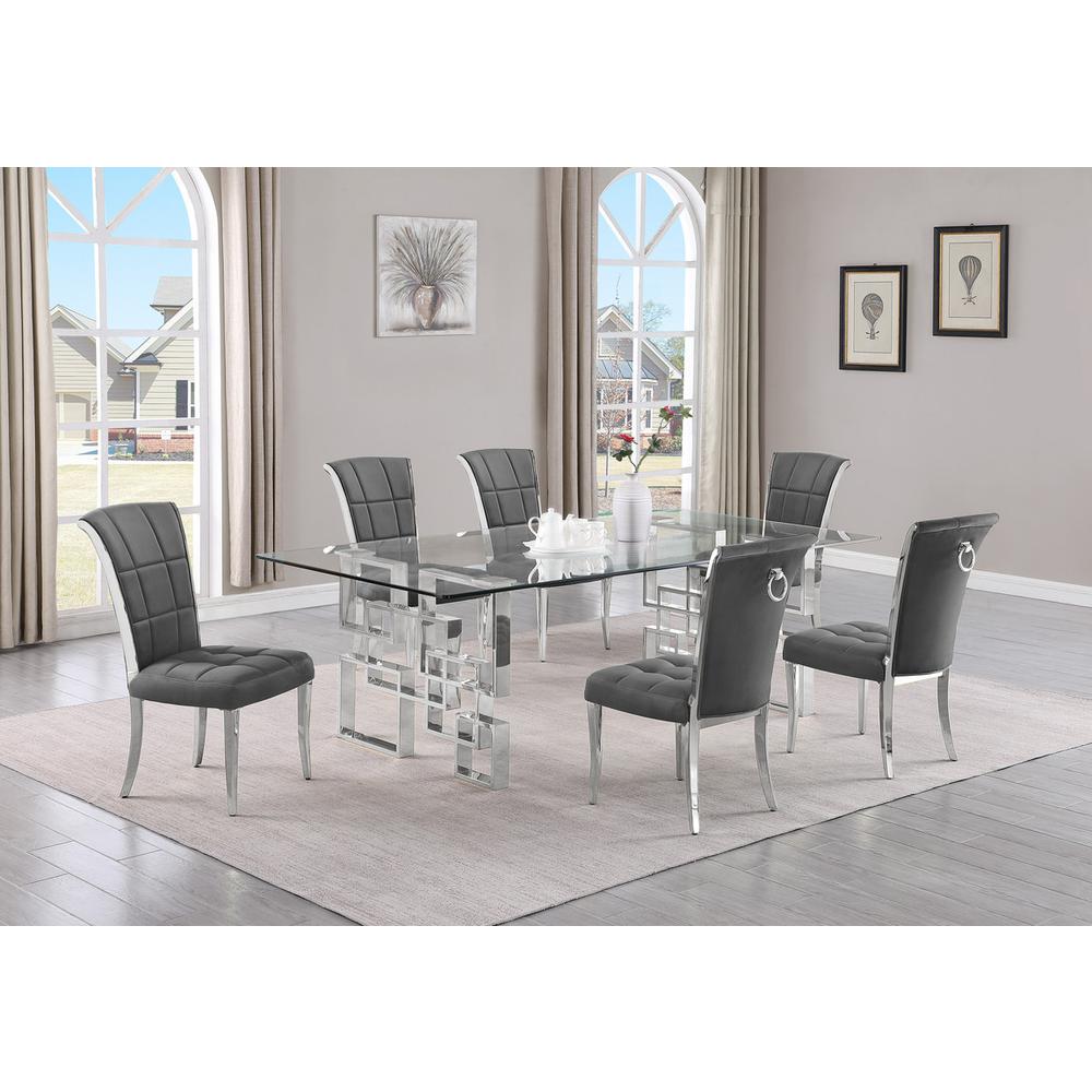 7-piece glam dining set with 6 dark grey chairs and a 95″ long glass  table