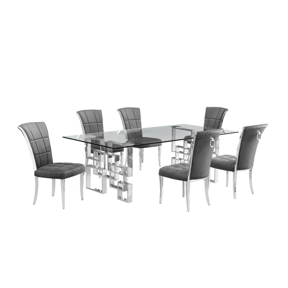 7-piece glam dining set with 6 dark grey chairs and a 95″ long glass  table