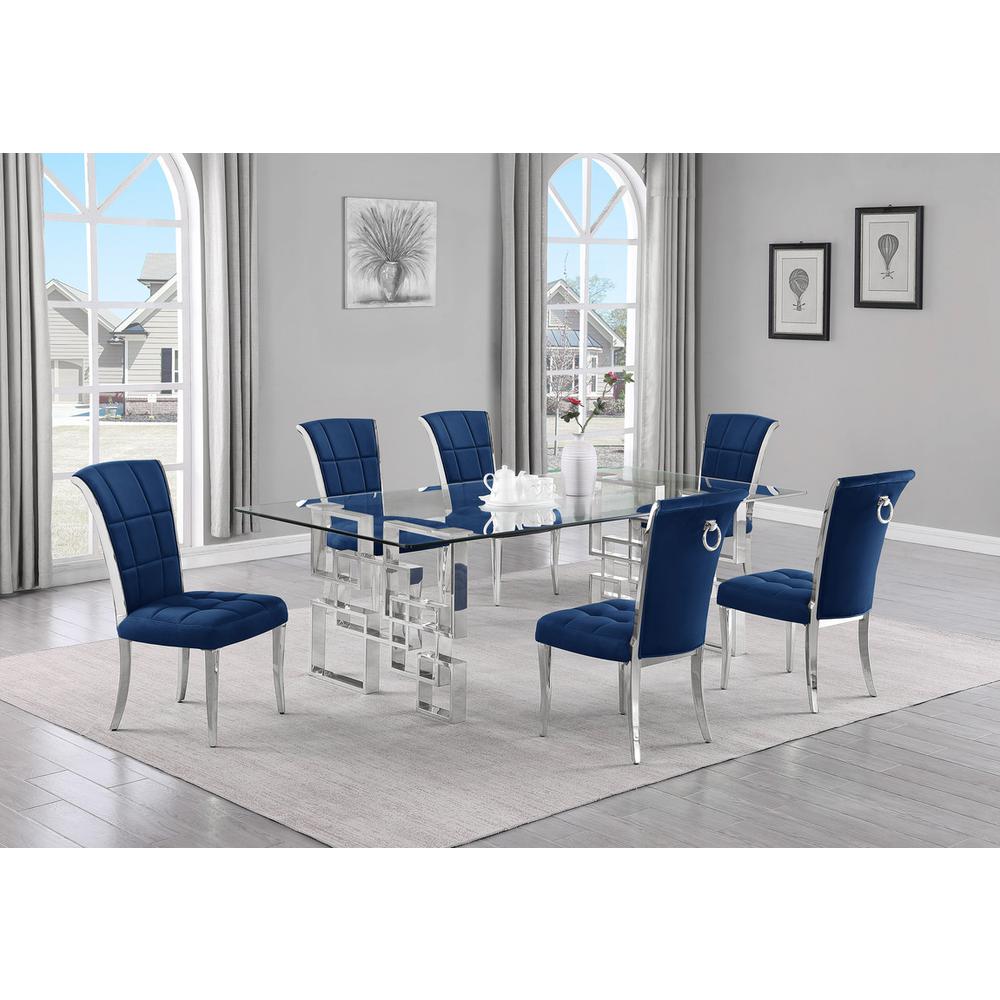 7-piece glam dining set with 6 navy blue  chairs and a 95″ long glass  table