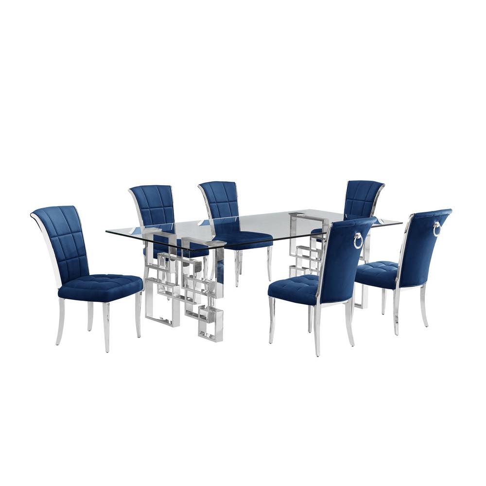 7-piece glam dining set with 6 navy blue  chairs and a 95″ long glass  table