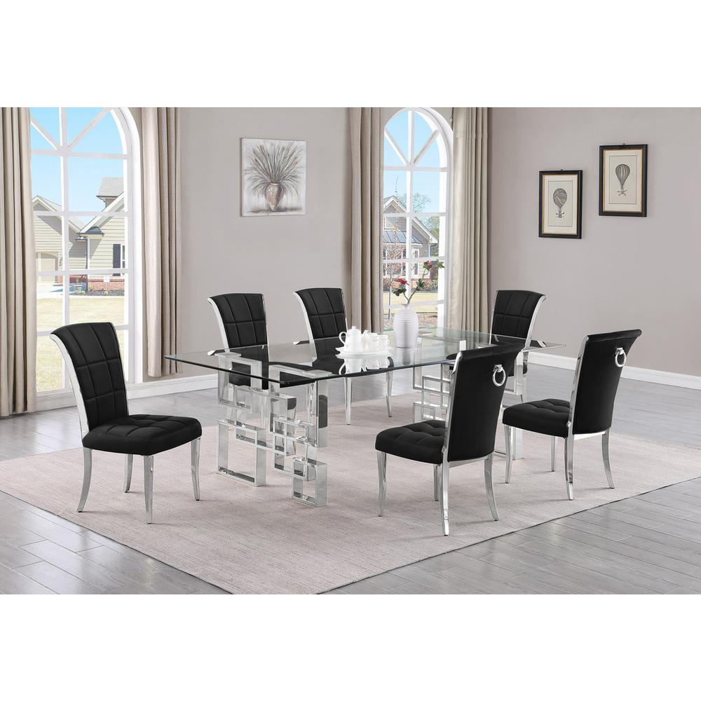 7-piece glam dining set with 6 black  chairs and a 95″ long glass  table