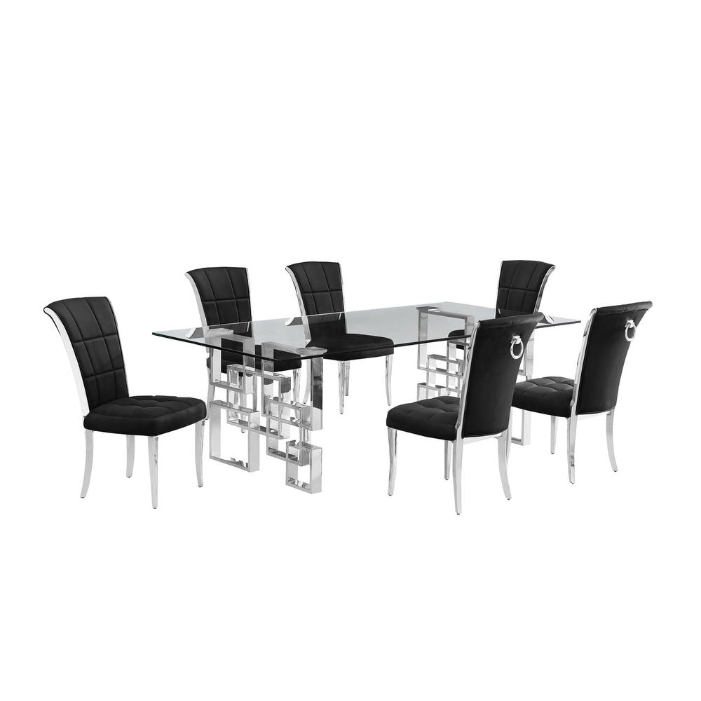 7-piece glam dining set with 6 black  chairs and a 95″ long glass  table