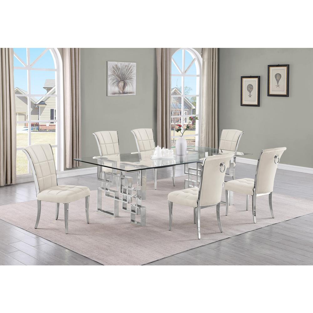 7-piece glam dining set with 6 cream  chairs and a 95″ long glass  table