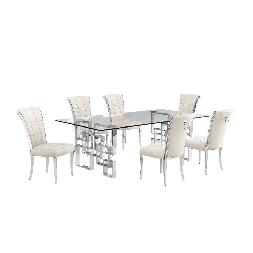 7-piece glam dining set with 6 cream  chairs and a 95″ long glass  table