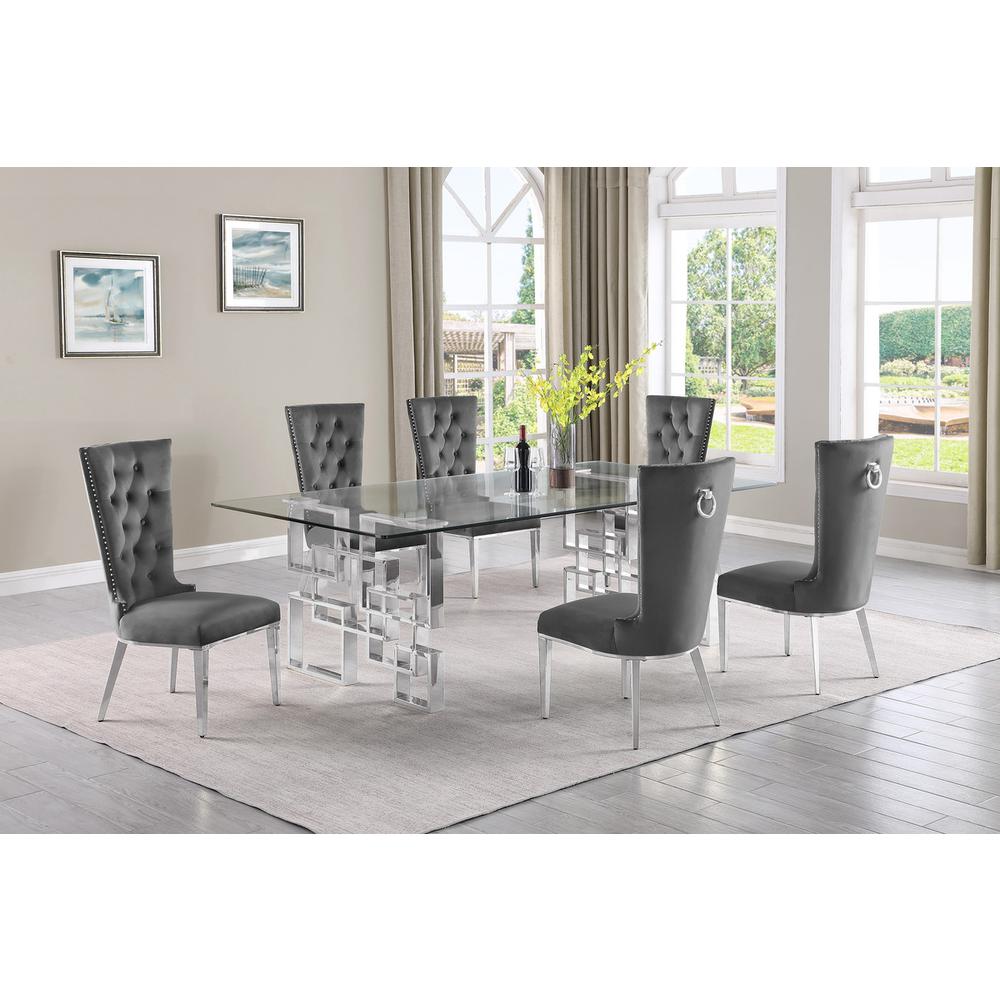 7-piece glam dining set with 6 dark grey chairs and a 95″ long glass  table