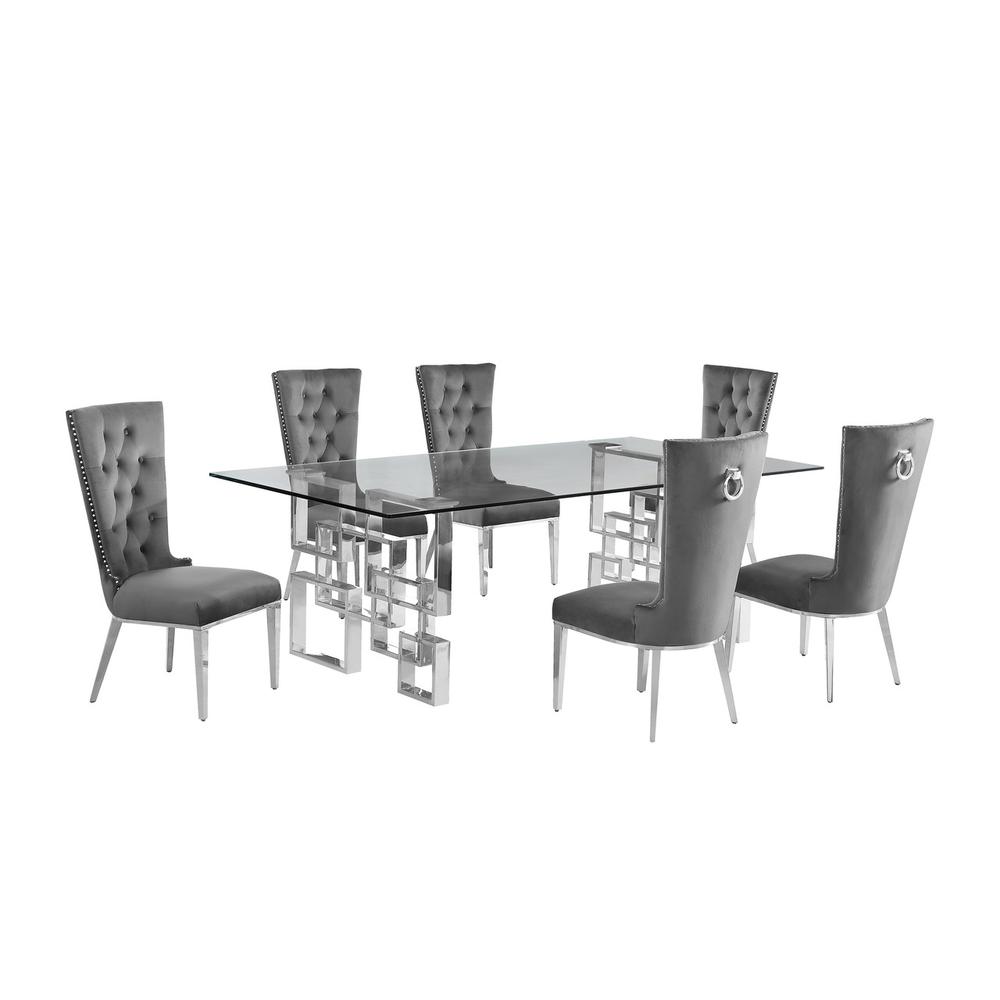 7-piece glam dining set with 6 dark grey chairs and a 95″ long glass  table