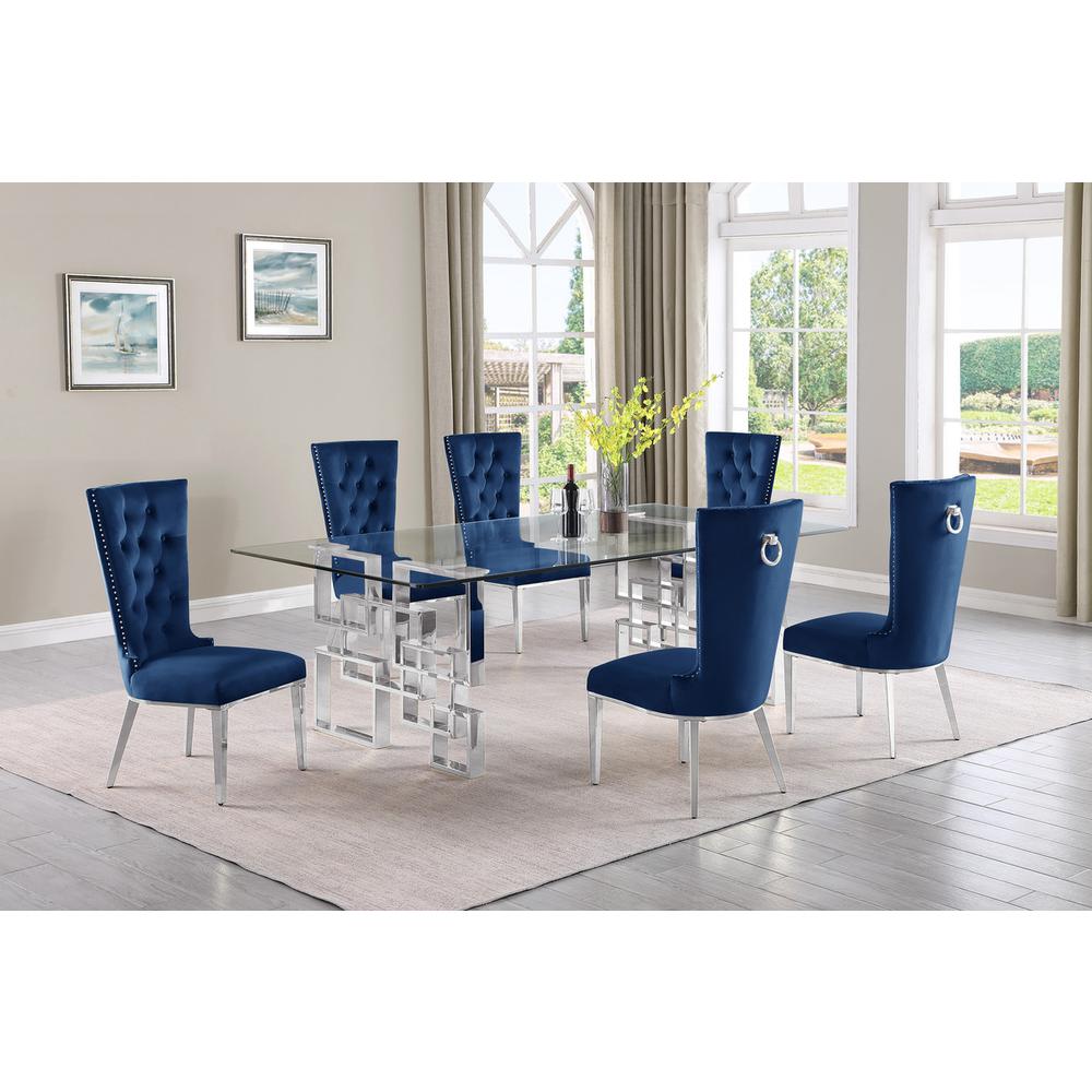 7-piece glam dining set with 6 navy blue chairs and a 95″ long glass  table