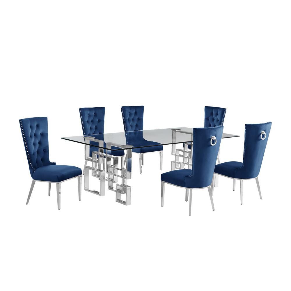7-piece glam dining set with 6 navy blue chairs and a 95″ long glass  table