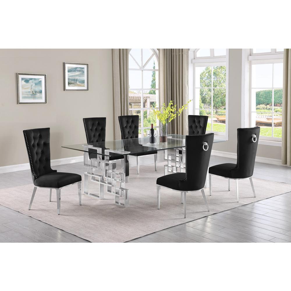 7-piece glam dining set with 6 black chairs and a 95″ long glass  table