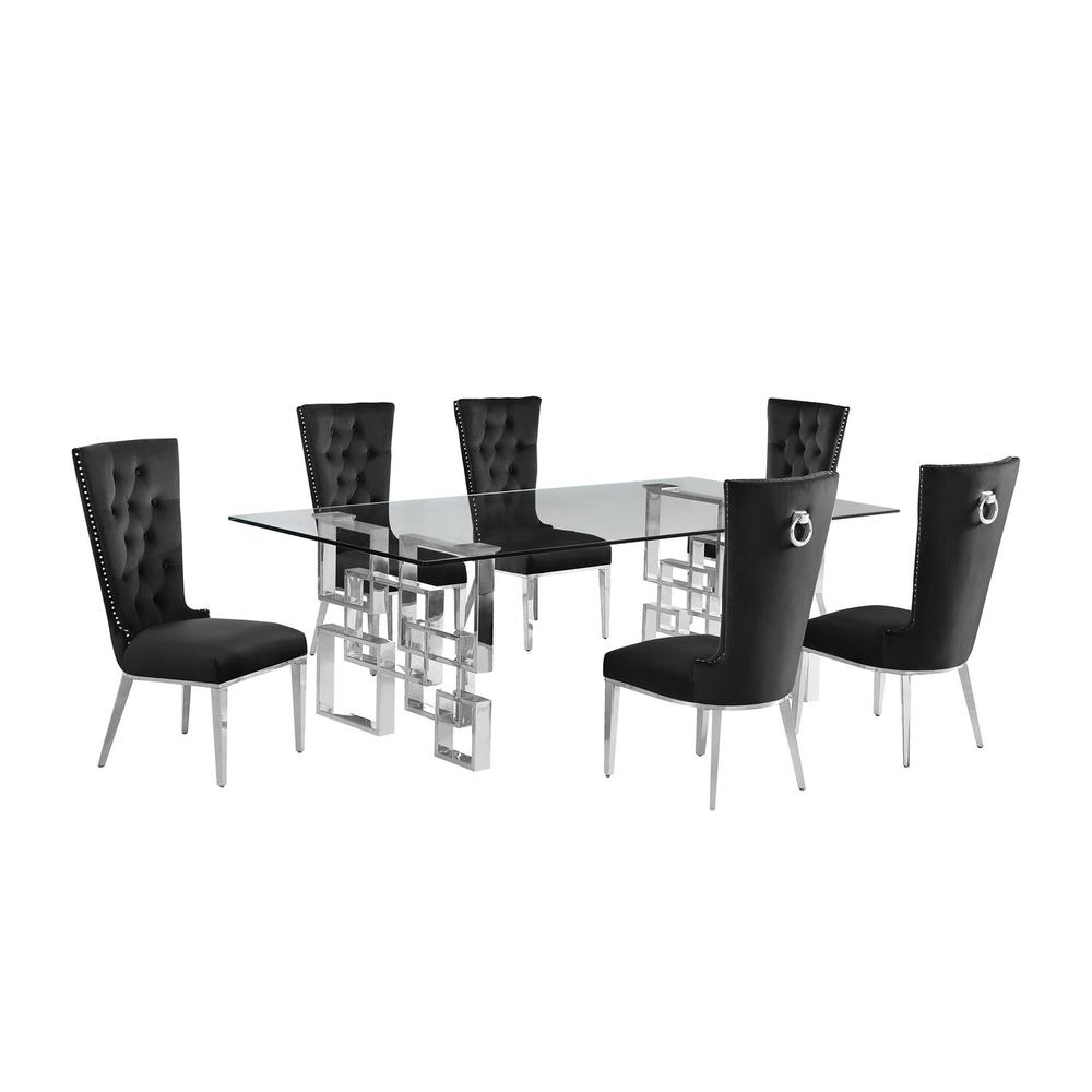 7-piece glam dining set with 6 black chairs and a 95″ long glass  table