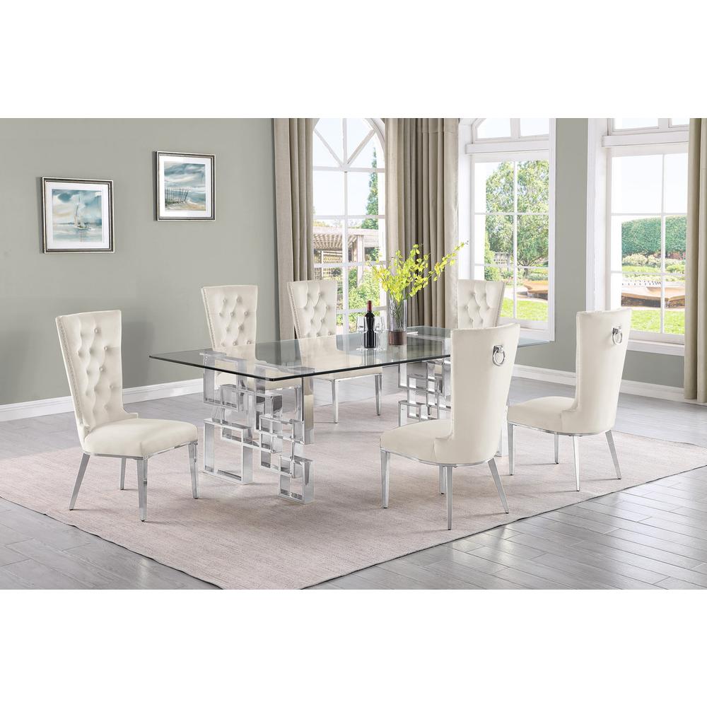 7-piece glam dining set with 6 cream chairs and a 95″ long glass  table