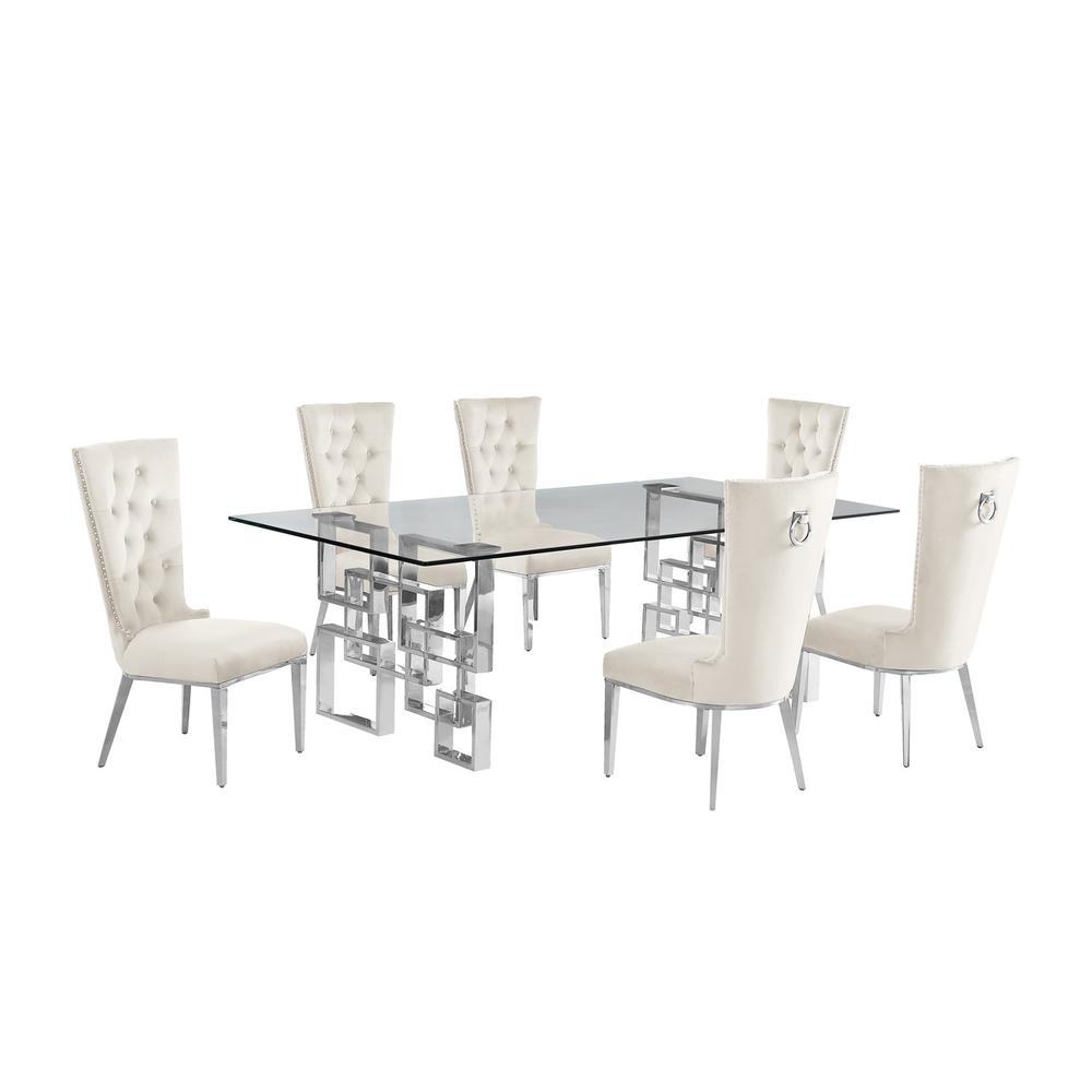7-piece glam dining set with 6 cream chairs and a 95″ long glass  table