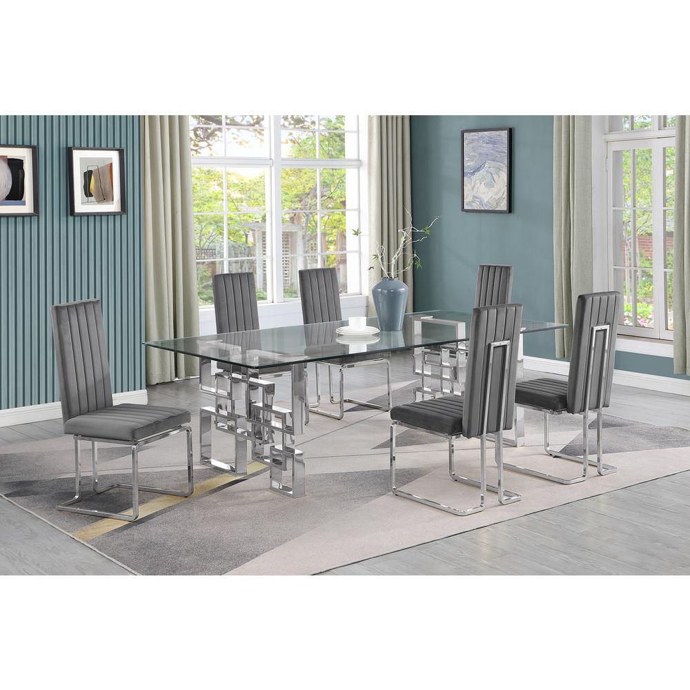 7-piece glam dining set with 6 Dark grey chairs and one 95″ glass  table