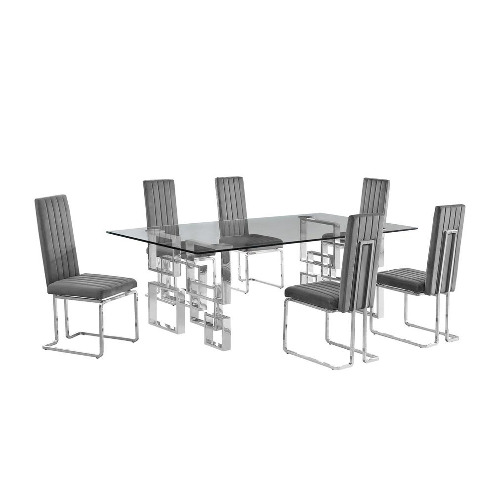 7-piece glam dining set with 6 Dark grey chairs and one 95″ glass  table