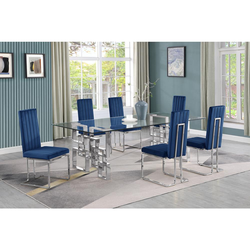 7-piece glam dining set with 6 Navy blue chairs and one 95″ glass  table