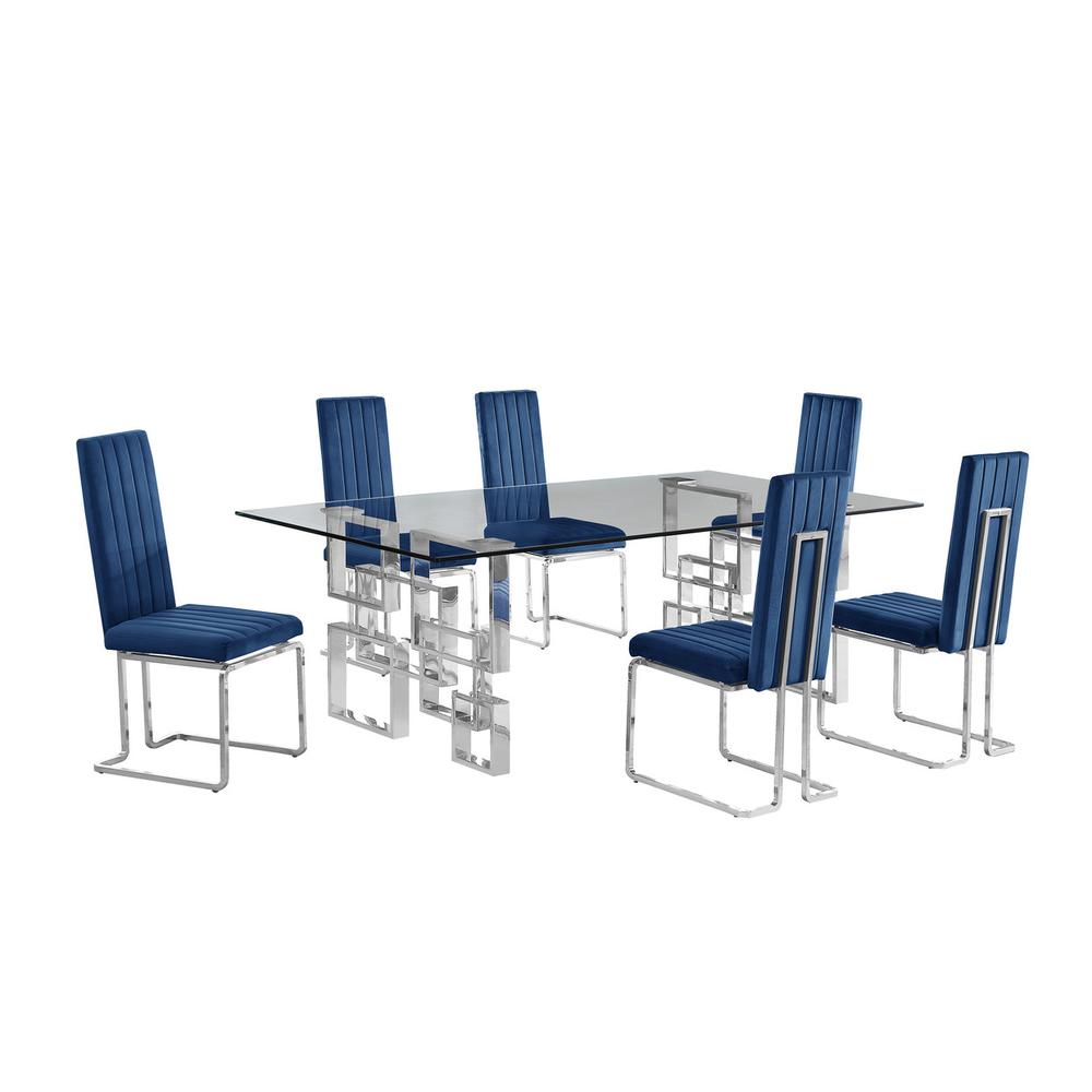 7-piece glam dining set with 6 Navy blue chairs and one 95″ glass  table